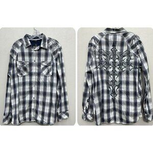 Buckle Roar Button Up Shirt Mens 2XL XXL Plaid Embroidered Long Sleeve Biker